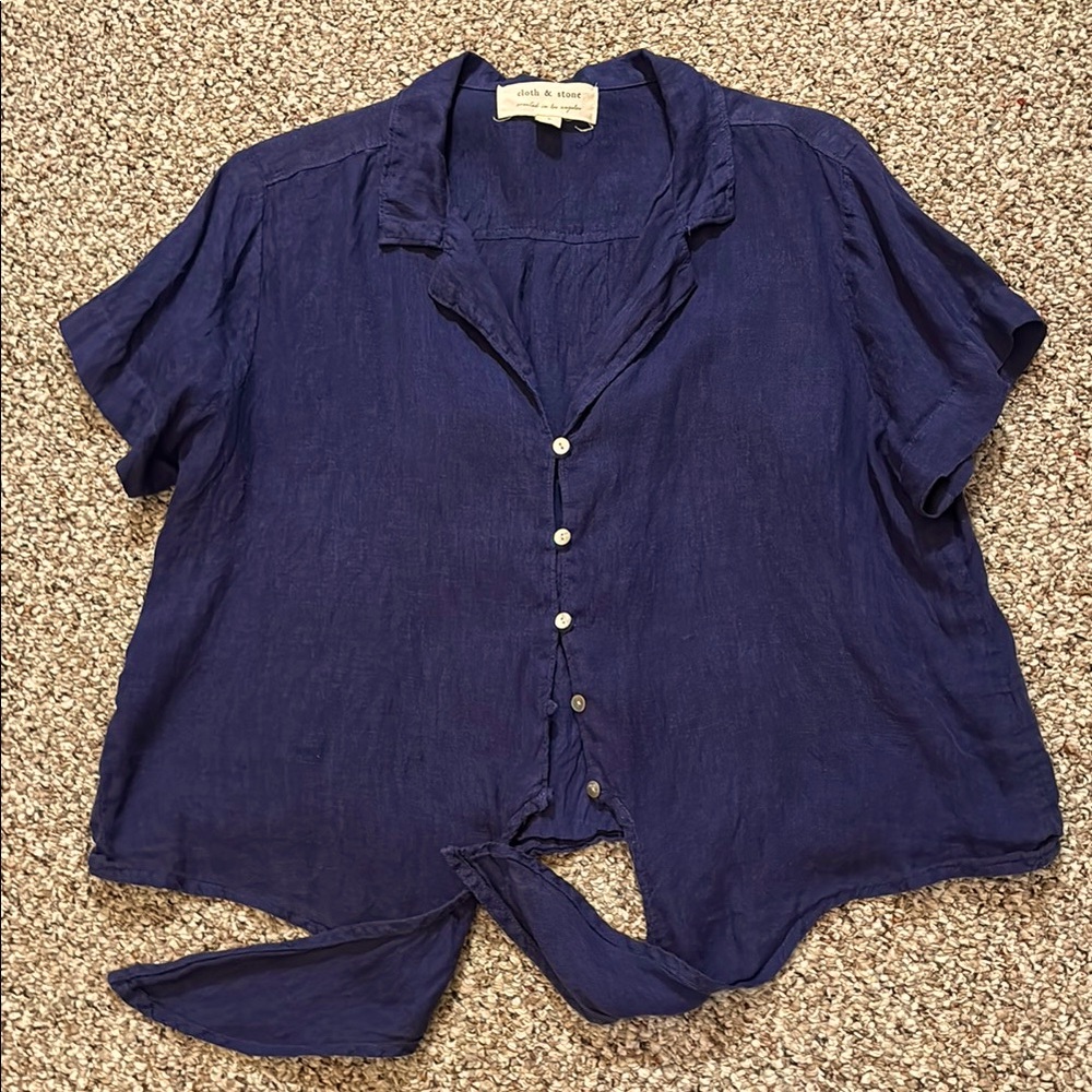 cloth & stone - Blue Linen Mother of Pearl Button-Up Top with Waist Tie - Large